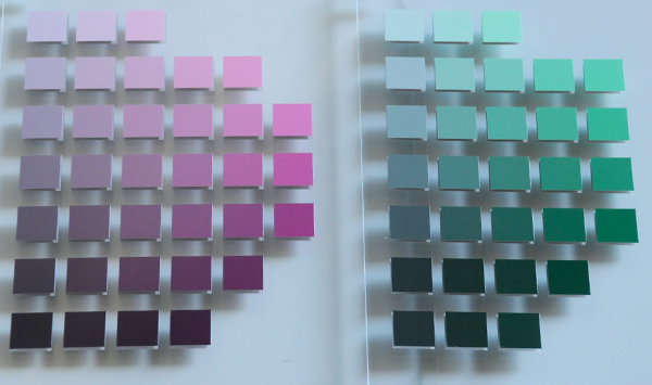 A Munsell red-purple and green color chart side by side for comparing values