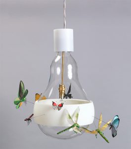 J.B. Schmetterling hanging clear lamp with white highlights and butterflies attached