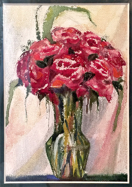 A bouquet of pink roses in a vase, watercolor on canvas by Masha Hemmerling