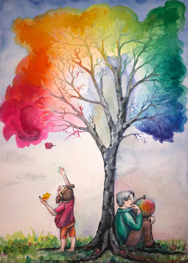 The Color Tree by Masha Hemmerling shows Albert Munsell holding the original color tree and a little girl grabbing a leaf off a colorful tree in various hues